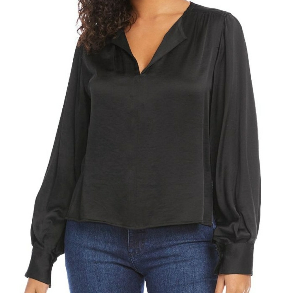 Karen Kane Black Long Sleeve Split Neck Shirred Blouson Sleeve Top Xl